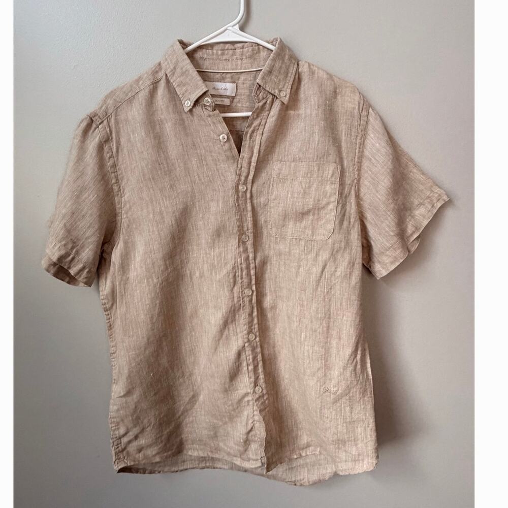 Porter & Ash Tan 100% Linen Short Sleeve Button Down Shirt Size M Resort Summer
